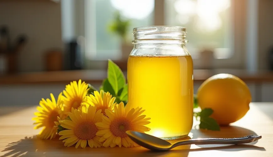 Pampeliškový sirup v sklenici s květy a citronem