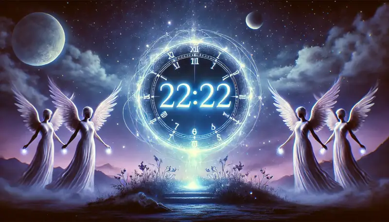 Andělé u zářícího hodinového ciferníku s číslem 22:22