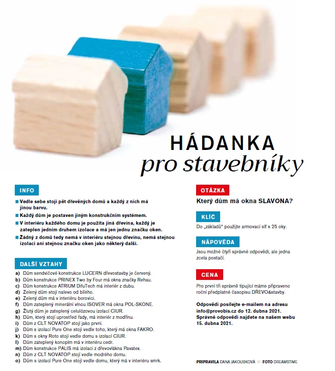 Hádanka pro stavebníky s dřevěnými domy a otázkami o oknech.