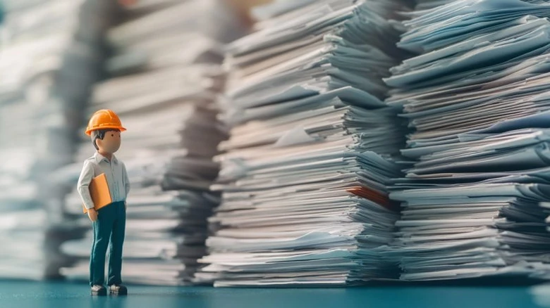 Malý dělník před hromadami projektové dokumentace