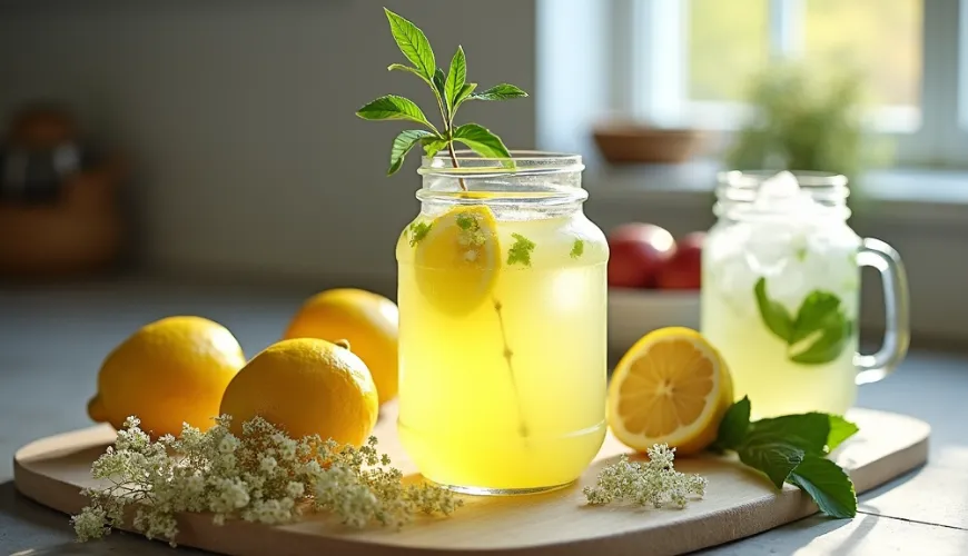 Bezová limonáda v sklenici s citrony a květy bezu
