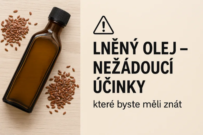 Bottle lněného oleje a semínka s varováním o nežádoucích účincích
