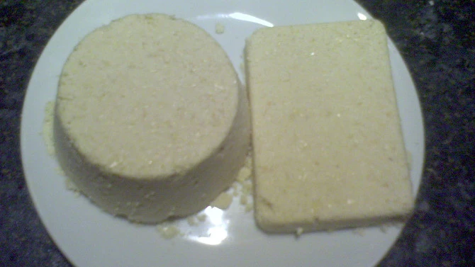Dvě bloky domácího tofu na bílém talíři