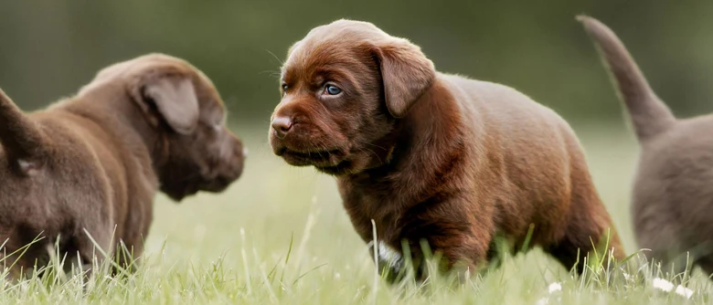 Tři štěňata čokoládového labradora hrají na trávníku venku.