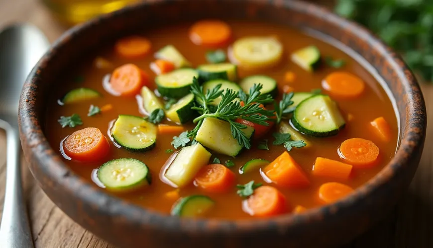 Dietní polévka s mrkví a okurkami v dřevěném talíři