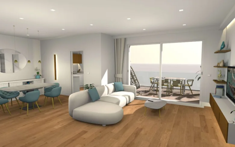 3D návrh interiéru s obývacím pokojem a jídelnou