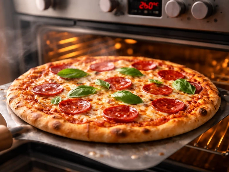Pečená pizza s peperoním a bazalkou z trouby
