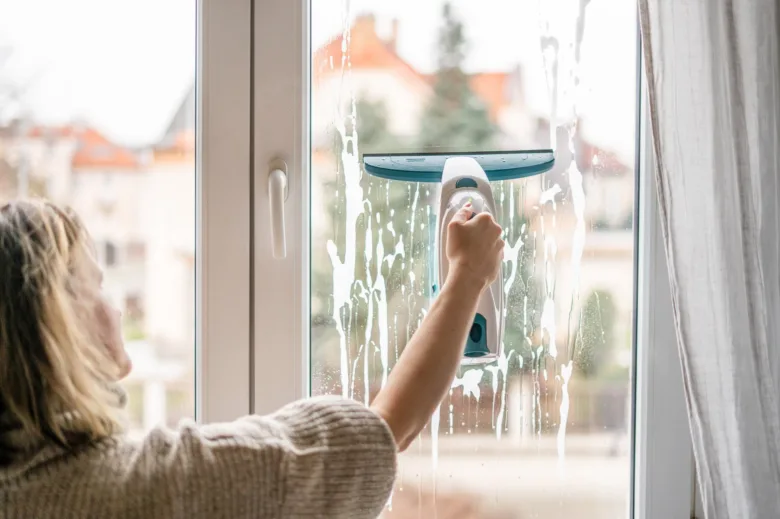 Žena myje okno squeegeem, na skle jsou pěny