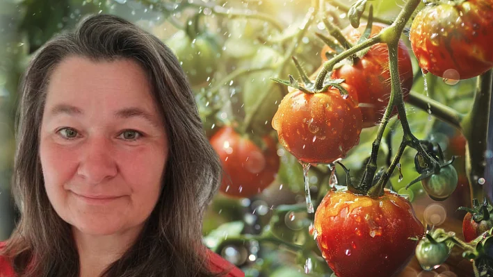 Žena před rajčaty na keři s kapkami vody