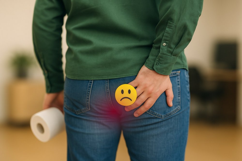 Osoba s bolestí v análním oblasti, zobrazená s červeným zvýrazněním a smutným emotikonem