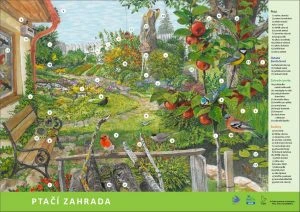 Ilustrace zahrady s ptáčky, jabloní a krmítky pro přilákání ptáků