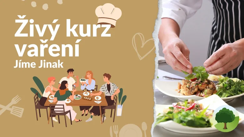 Živý kurz vaření: lidé jedí, kuchař připravuje jídlo.