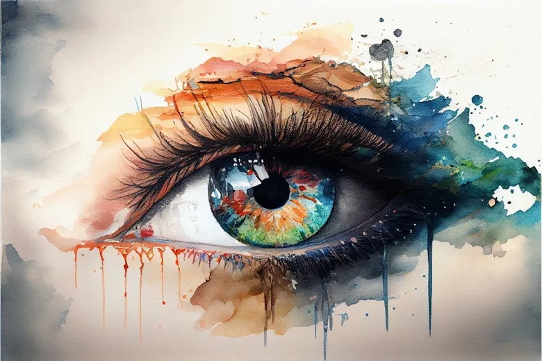 Umělecká ilustrace oka s barevnou heterochromií a vodními barvami.