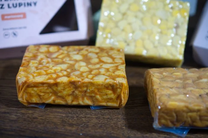 Blok tempehu v různých barvách na dřevěném podkladu