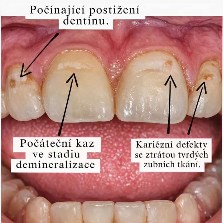 Zuby s počátečním kazem a demineralizací dentinu