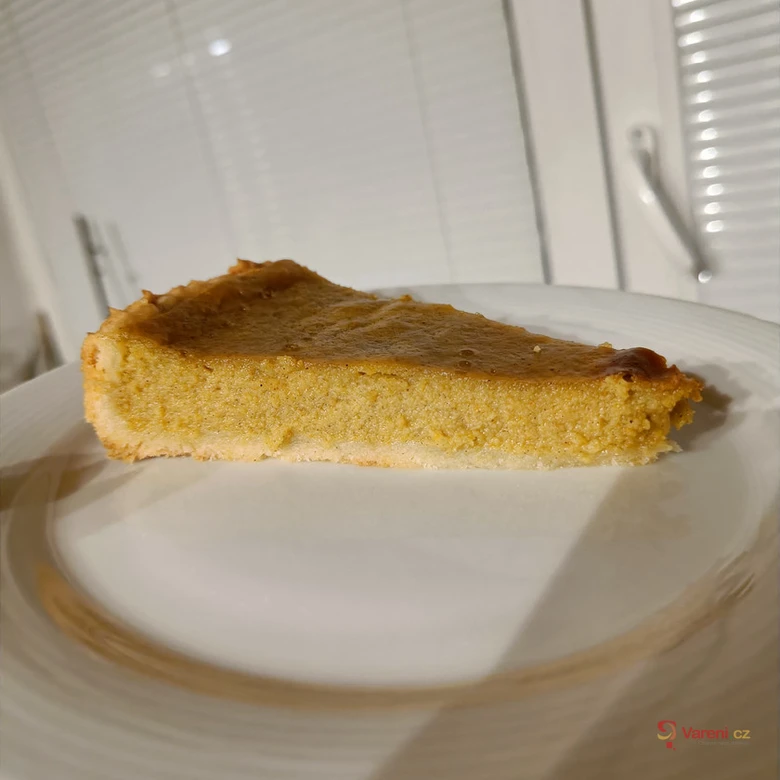 Kousek dynového koláče na bílém talíři
