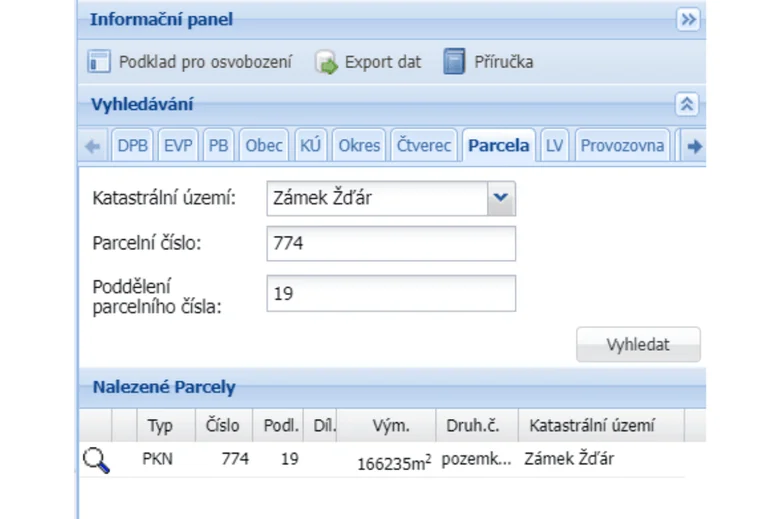 Výhledání pozemku v katastru na webu LpIS.cz