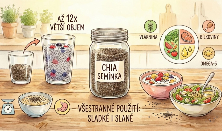 Ilustrace chia semínek v různých přípravách – suché, namočené a ve stravě
