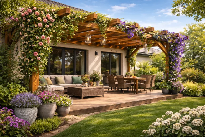 Dřevěná pergola s kvetoucími rostlinami a zahradním nábytkem