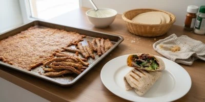 Domácí příprava kebabs na plechu a na talíři
