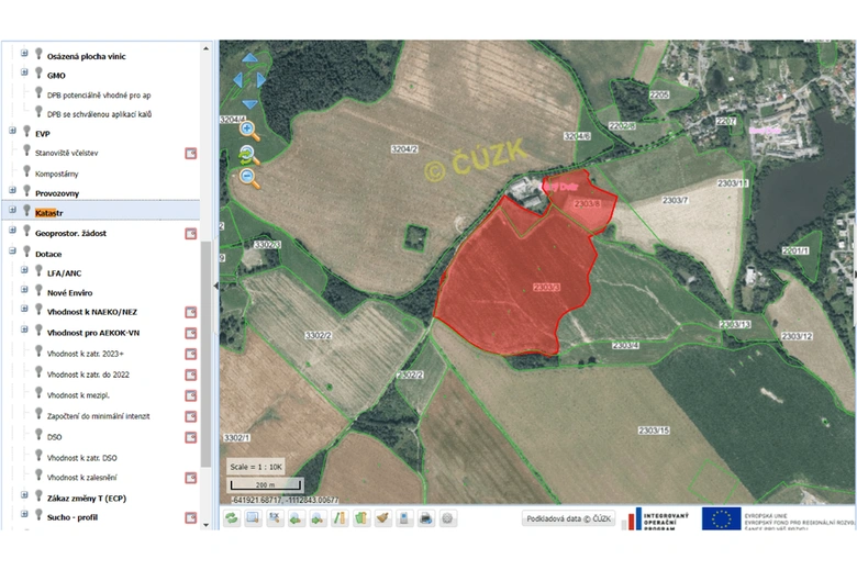 Mapa LPIS s výrazně zvýrazněnými parcelami vinic.