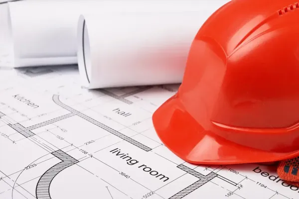 Červený bezpečnostní klobouk na architektonických plánech