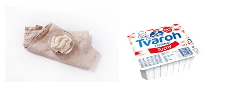 Tvaroh v sklenici na látkovém utěrku a balení tvarohu z Poděbrad