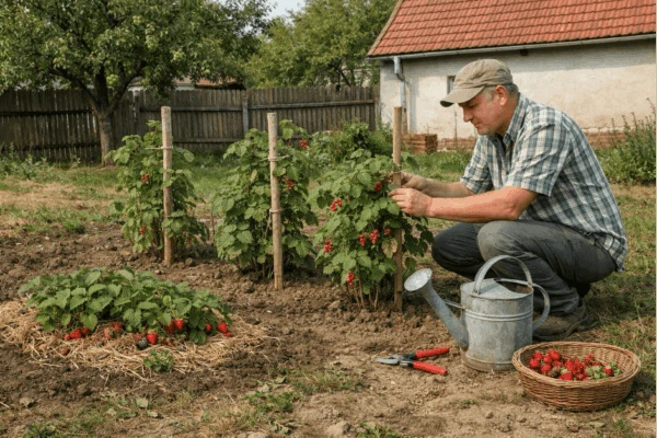 Muž sbírá červené bobule z keřů na slunečném zahradním pozemku