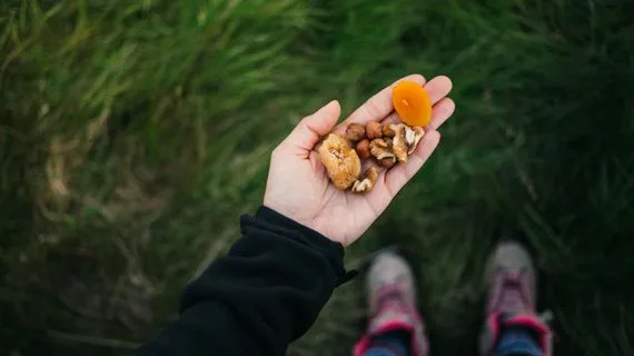 Ruka drží ořechy a sušenou meruňku na trávě