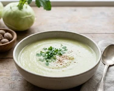 Křemová zelená polévka z kohlrabi s bylinkami