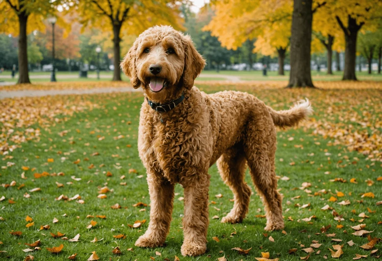 Šťastný golden doodle stojí na trávníku v podzimním parku.