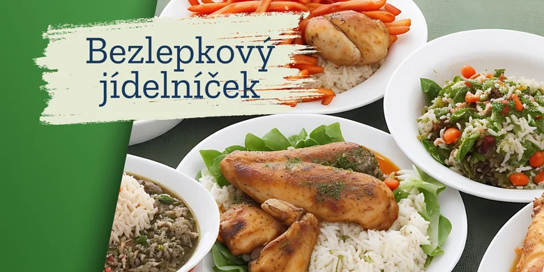 Různé bezlepková jídla s nápisem Bezlepkový jídelníček