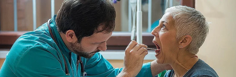 Zubní lékař zkoumá ústní dutinu pacientky pomocí nástroje.