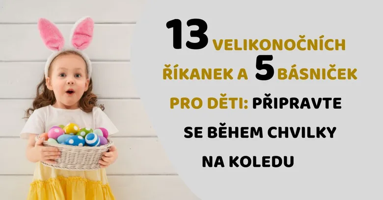 Dívka s krabicí vajíček vedle českého textu o velikonočních říkankách