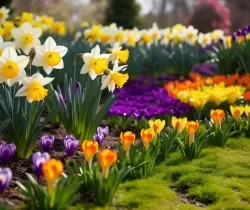 Květinová záhon s narcisy, tulipány a pryskyřičkami v jarní zahradě.