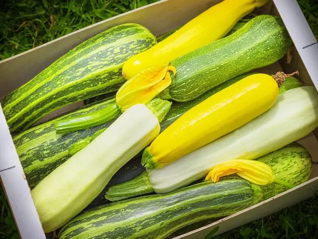 Kartónová krabice plná čerstvých cuket různých barevných variant.