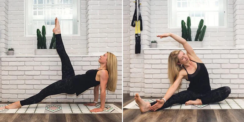 Žena dělá dva cviky pilates na podložce.