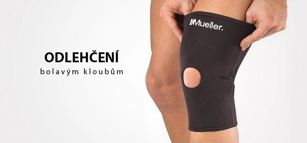 Černá ortéza na koleno s logem pro úlevu od bolesti kloubů.