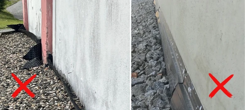 Dva chybné způsoby instalace drenážní fólie u základové stěny.