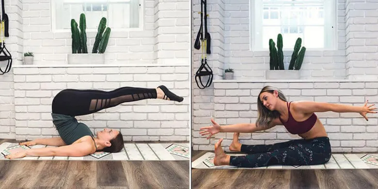 Ženy cvičí pilates v jasném studiu s kaktusy na pozadí.