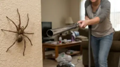 Žena vysává pavouka z vnitřní stěny pomocí vysavače.