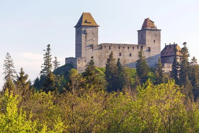 Velký hrad na kopci obklopený lesy pod modrou oblohou.