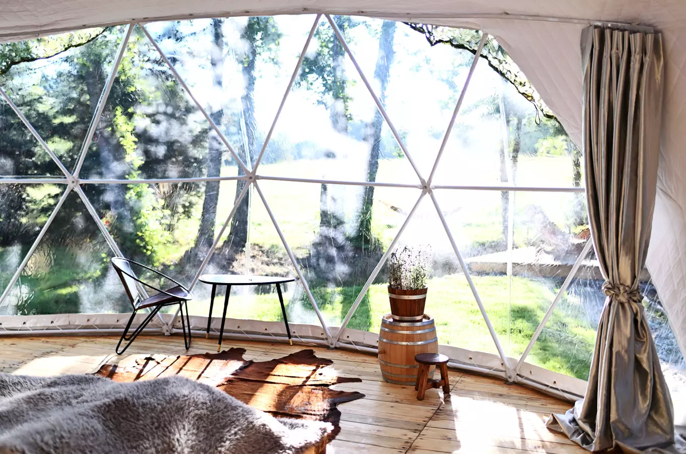 Vnitřek glampingu s výhledem do lesa přes průsvitné stěny.