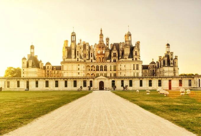 Velký francouzský renesanční zámek Chambord s ovci na trávníku při západu slunce