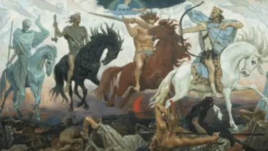 Čtyři jezdci Apokalypsy na koních s mečem a křížem.