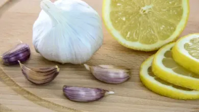 Cesnek s cibulí a citrony na dřevěném prknu
