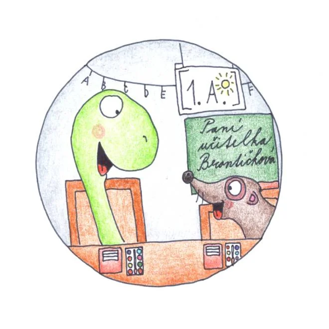 Ilustrace dinosaura s psem v učebně pro děti.