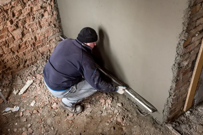 Stavebník hladí sádrovou omítku na stěně pro rovný povrch.