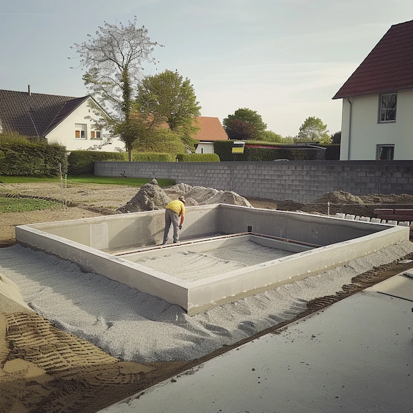 Stavebník připravuje betonovou základnu pro bazén na zahradě.
