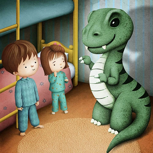 Dva děti v pyžamu stojí vedle zeleného dinosaura ve dětské ložnici.